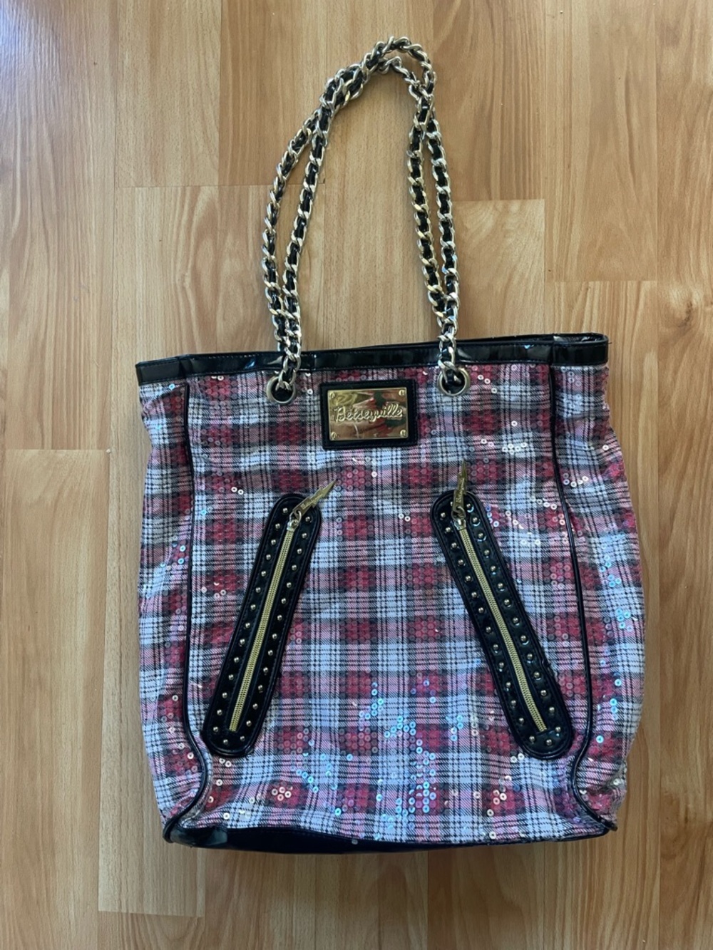 Betsyville Plaid Sequin Tote with Chain Shoulder Straps